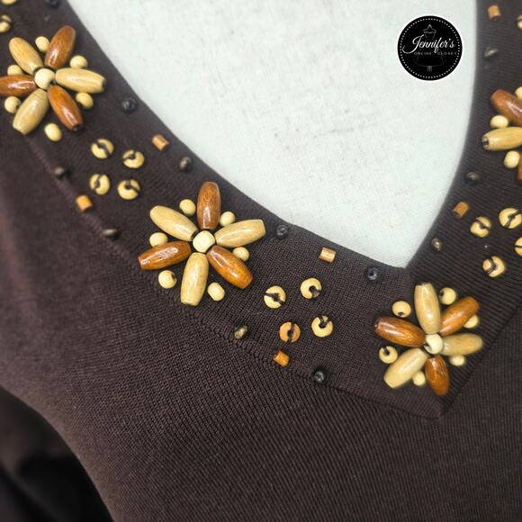 Cable & Gauge Brown Silk Blend Wood Bead V Neck 3/4 Sleeve Sweater Size Medium - Picture 5 of 10